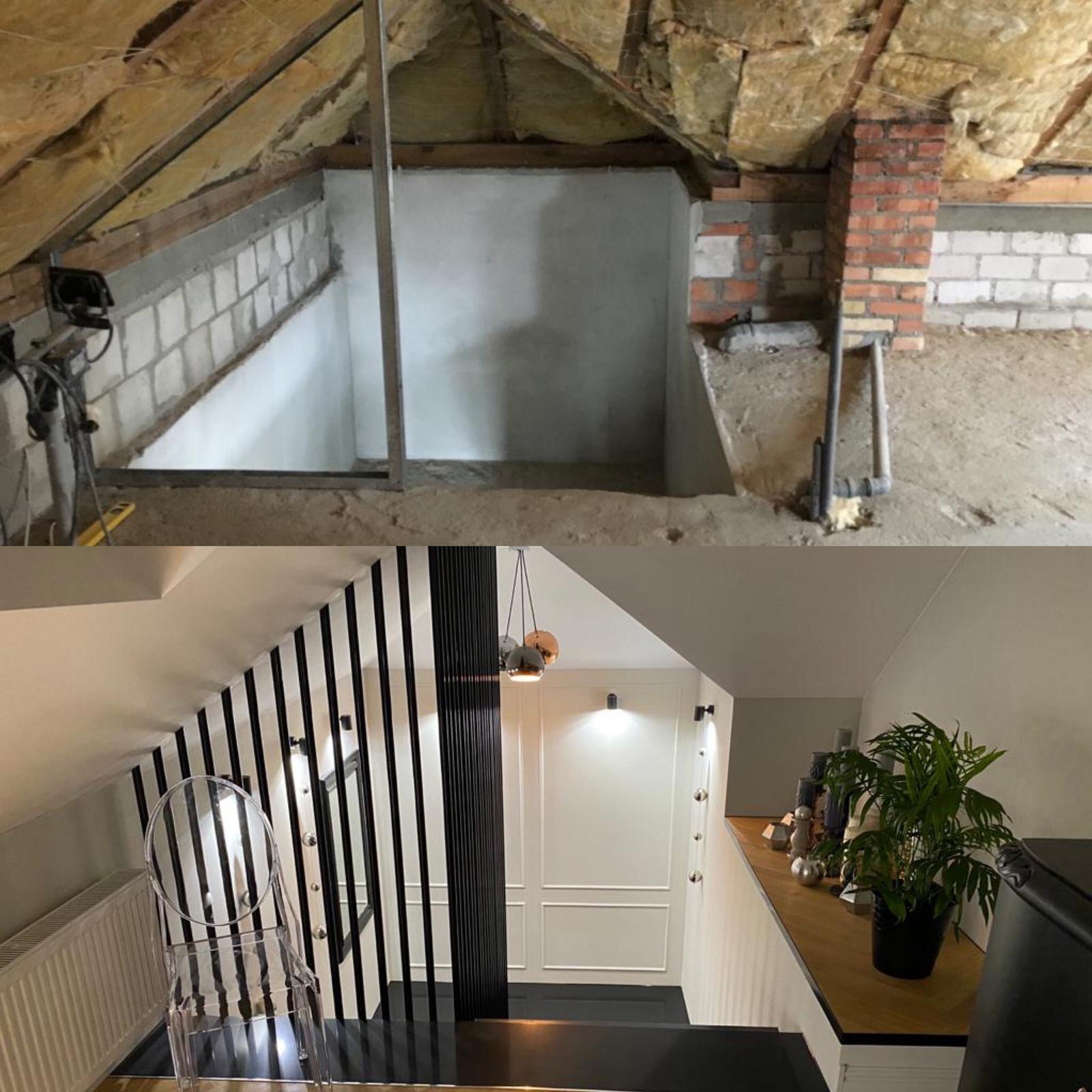 Porównanie stanu surowego poddasza z ociepleniem i ceglanym kominem przed i po remoncie, z nowoczesnymi schodami z czarnymi balustradami, białymi ścianami z dekoracyjnymi panelami i roślinami...