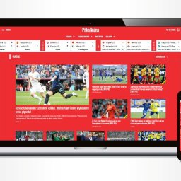 Arteon - Responsywna strona internetowa o tematyce piłkarskiej, wyświetlana na laptopie i smartfonie. Czerwona kolorystyka, widoczne newsy i wyniki meczów.
