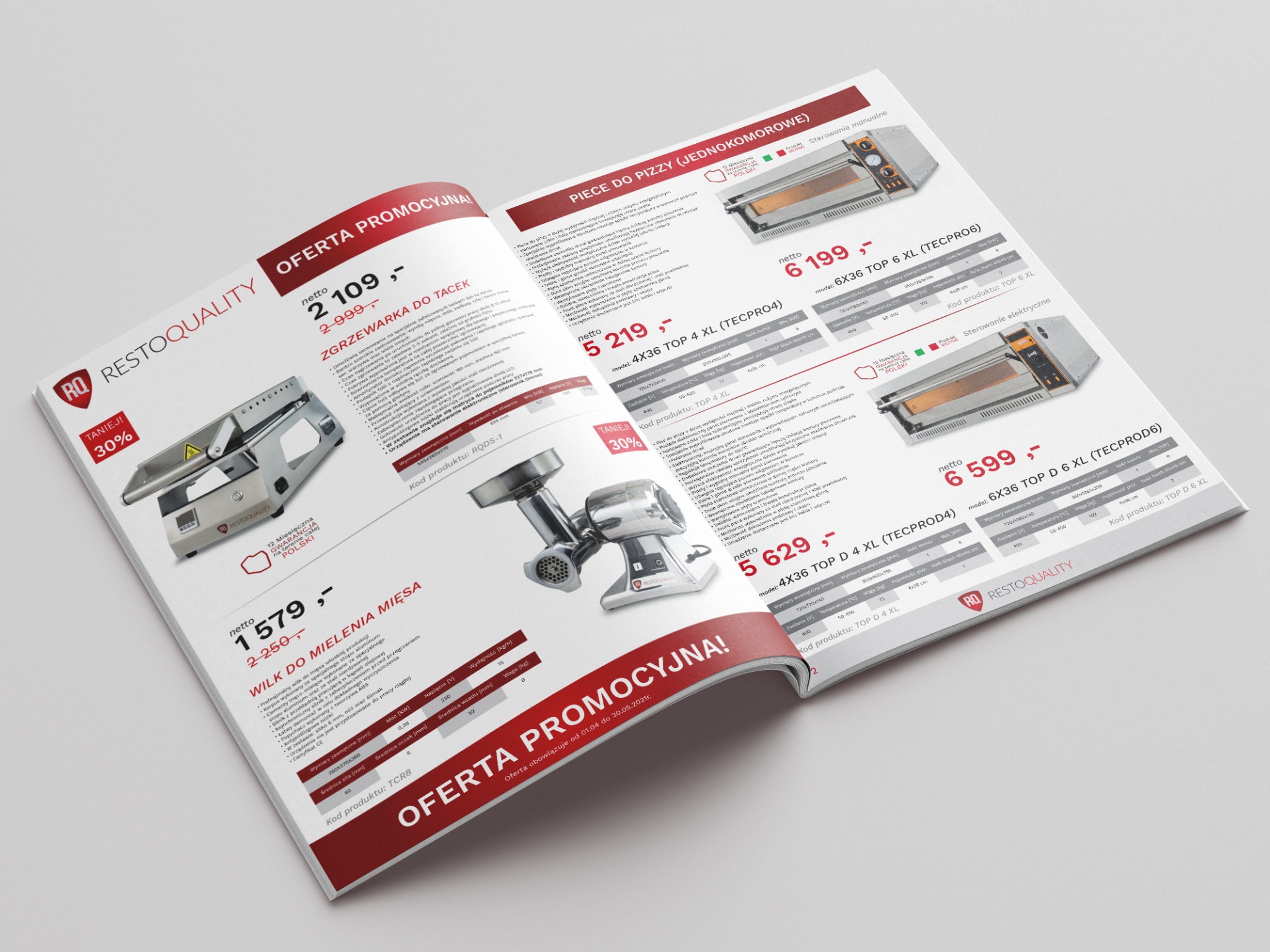 Promocyjna oferta RESTOQUALITY: zgrzewarka do tacek, wilk do mielenia mięsa i piece do pizzy (jedno- i dwukomorowe) z kodami produktów i cenami netto.
