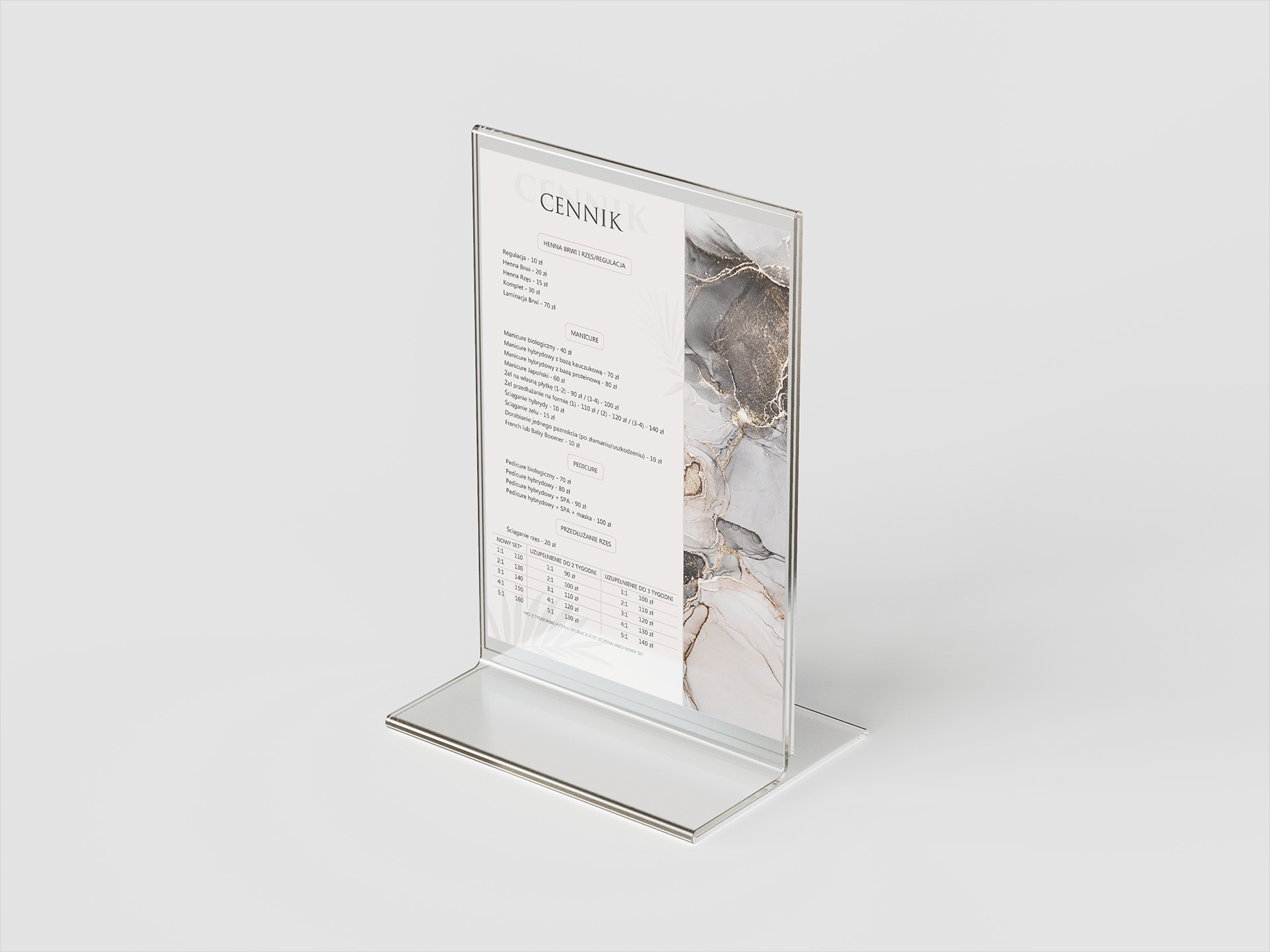 Elegancki cennik usług kosmetycznych, w ramce z przezroczystego tworzywa, prezentujący ofertę zabiegów na brwi, rzęsy, dłonie i stopy. Minimalistyczny design.