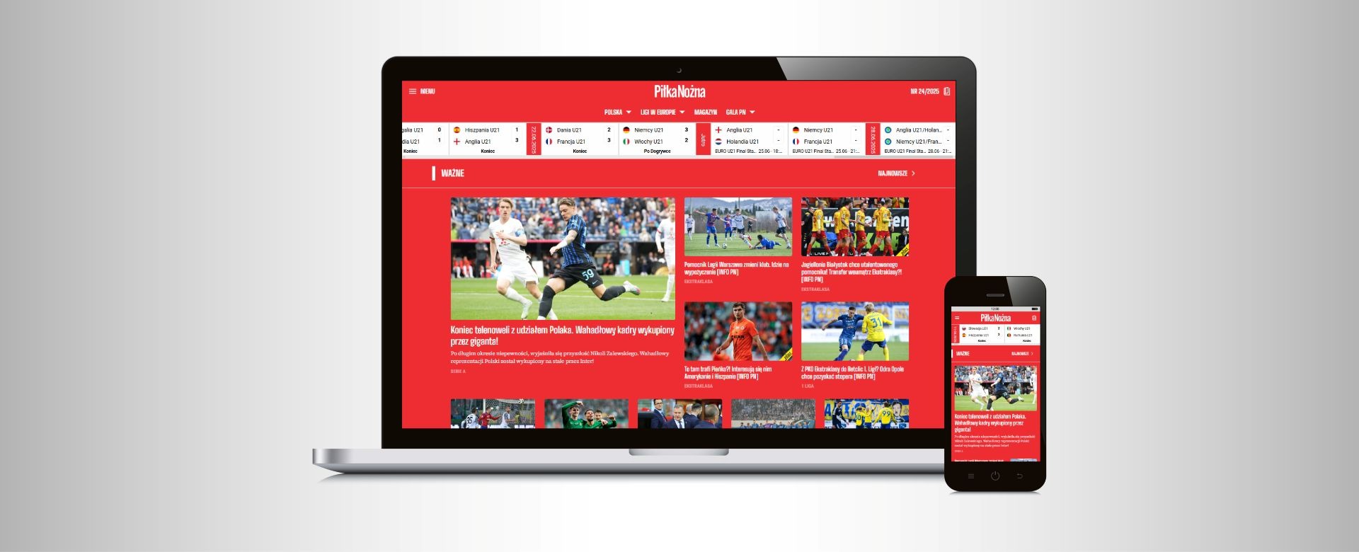 Responsywna strona internetowa o tematyce piłkarskiej, wyświetlana na laptopie i smartfonie. Czerwona kolorystyka, widoczne newsy i wyniki meczów.