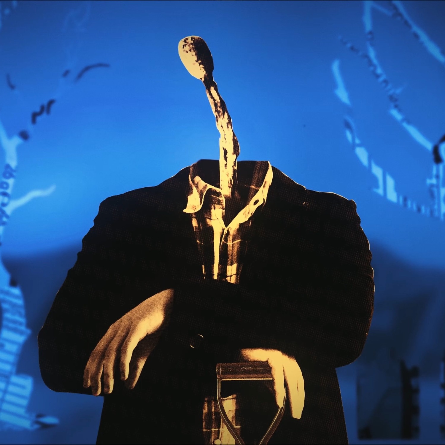 Klatka z teledysku animowanego z wycinków z gazet, opakowań produktowych i zdjęć drukowanych - character design