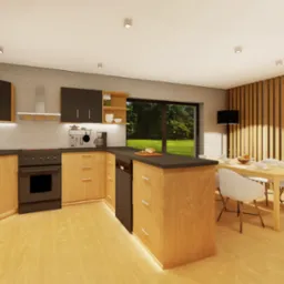 Wizualizacja przestronnej kuchni z drewnianymi szafkami, czarnymi blatami i wyspą, stół jadalny z białymi krzesłami przy ścianie z drewnianych paneli, widok na ogród przez okno.