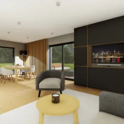 Wizualizacja nowoczesnego salonu z jadalnią w Lędzinach: drewniana podłoga, szary fotel przy żółtym stoliku kawowym, czarna ściana z telewizorem i widok na ogród przez duże okna.