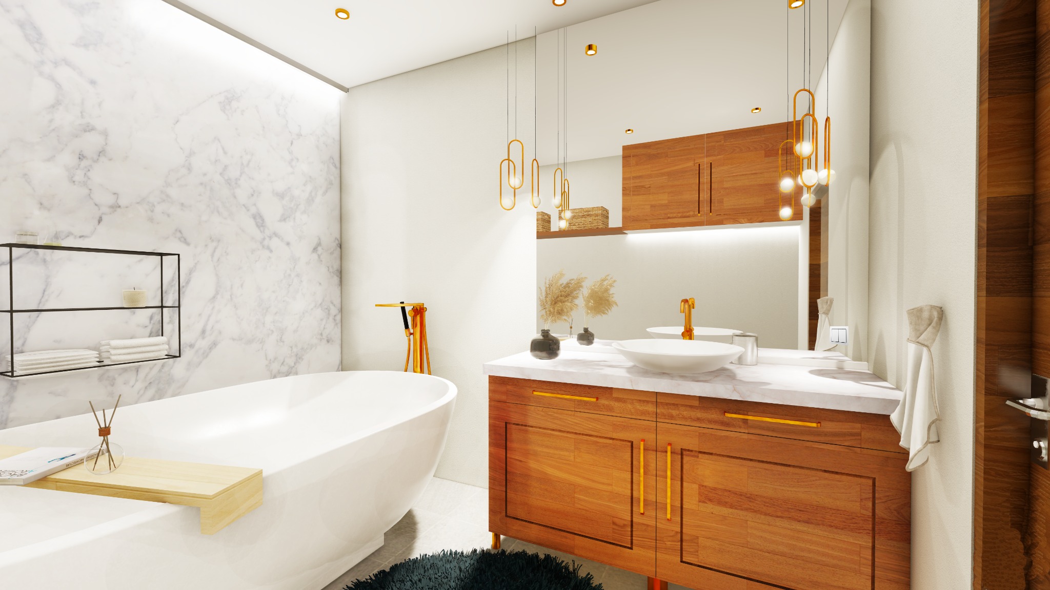 Nowoczesna łazienka z marmurową ścianą, owalną wanną z drewnianą półką, drewnianą szafką pod umywalką z marmurowym blatem i złotymi akcentami, oświetlenie wiszące w złotych oprawach.