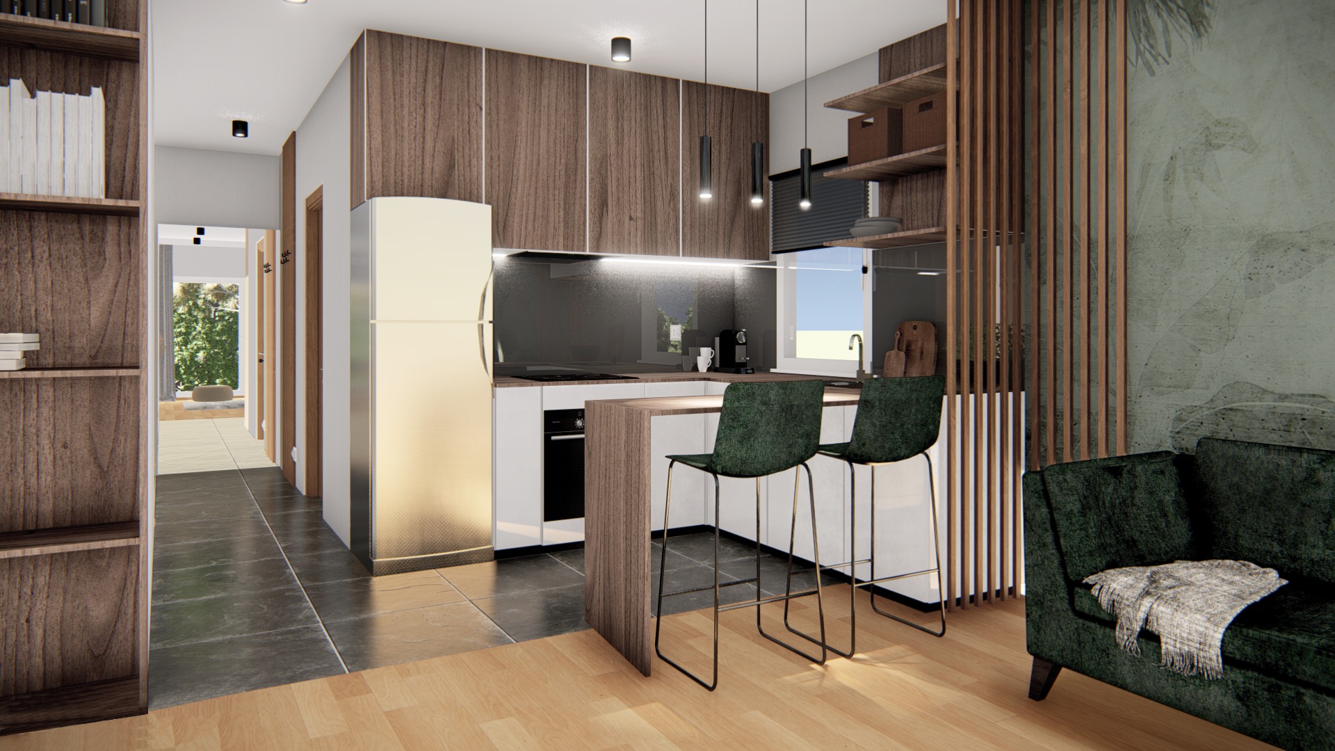 Wizualizacja wnętrza: nowoczesna kuchnia z barkiem, ciemnozielone krzesła barowe, drewniane szafki i regał, oraz sofa z narzutą.