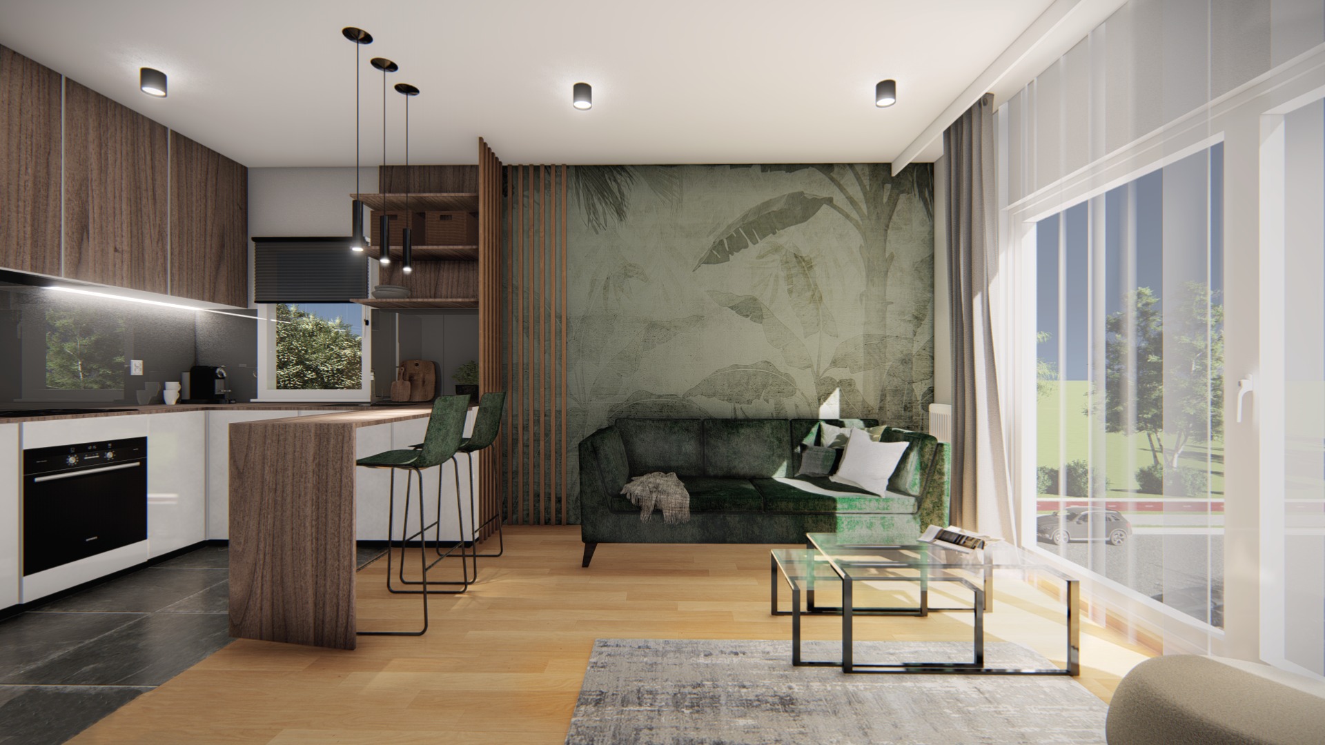 Wnętrze mieszkania z otwartą kuchnią, drewnianymi szafkami, zieloną sofą na tle ściany z motywem roślinnym i dużym oknem z widokiem na zieleń.