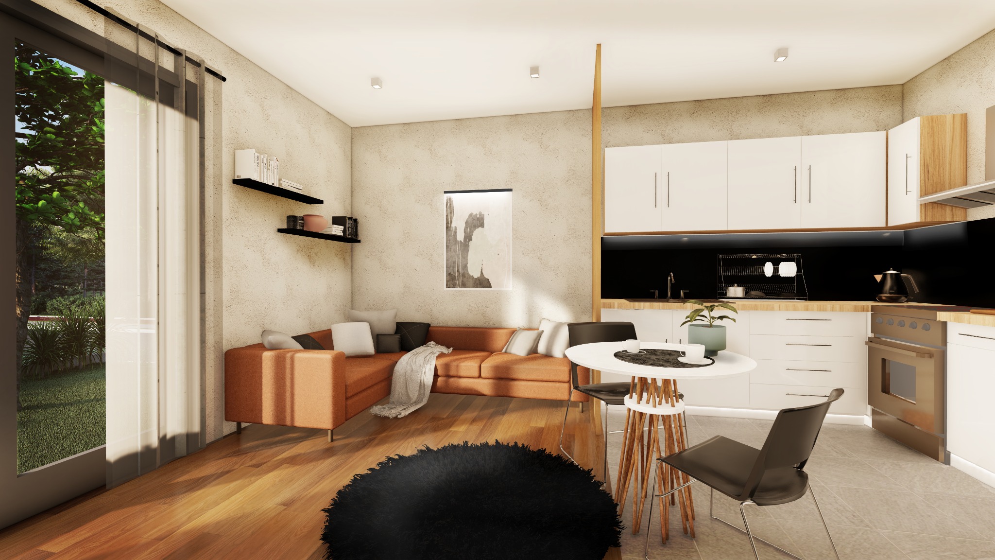 Wizualizacja wnętrza mieszkania z aneksem kuchennym, z pomarańczową narożną sofą, okrągłym stołem z czarnymi krzesłami i czarnym puszystym dywanem, z widokiem na zieleń za oknem.