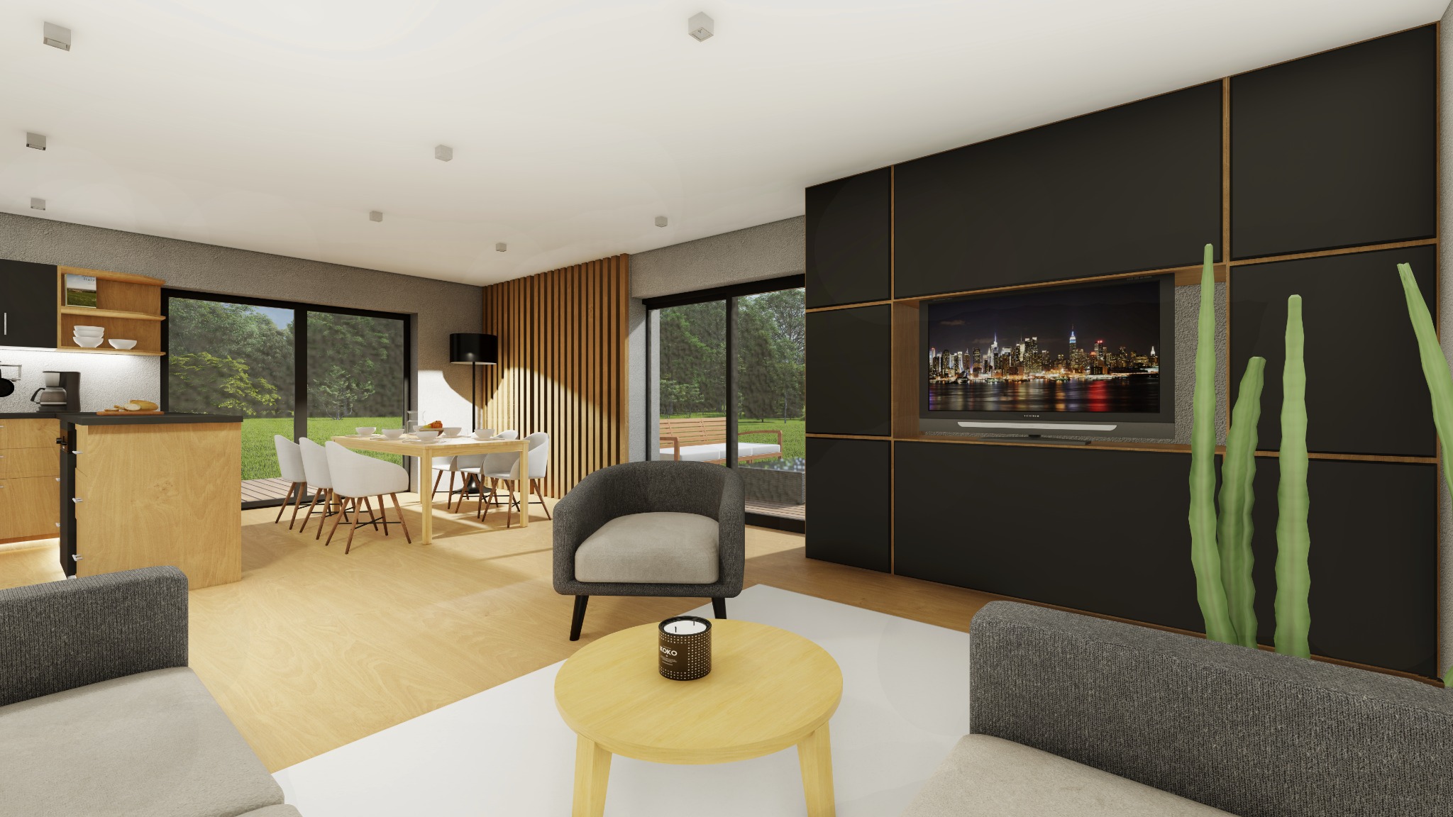 Wizualizacja nowoczesnego salonu z jadalnią w Lędzinach: drewniana podłoga, szary fotel przy żółtym stoliku kawowym, czarna ściana z telewizorem i widok na ogród przez duże okna.