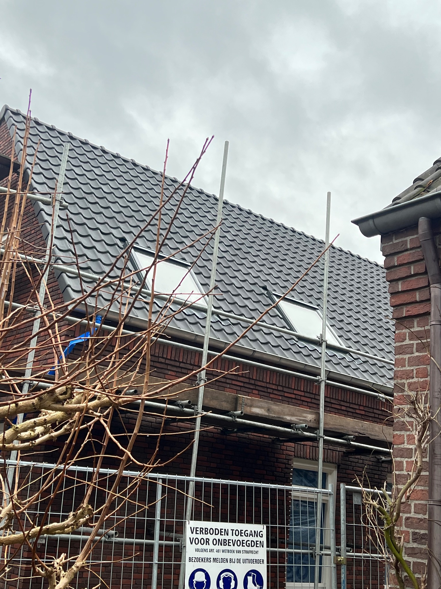 Nowy, szary dach z oknami połaciowymi, widoczny z poziomu rusztowania, na tle pochmurnego nieba. Fragment muru z cegły i gałęzie drzewa w kadrze.