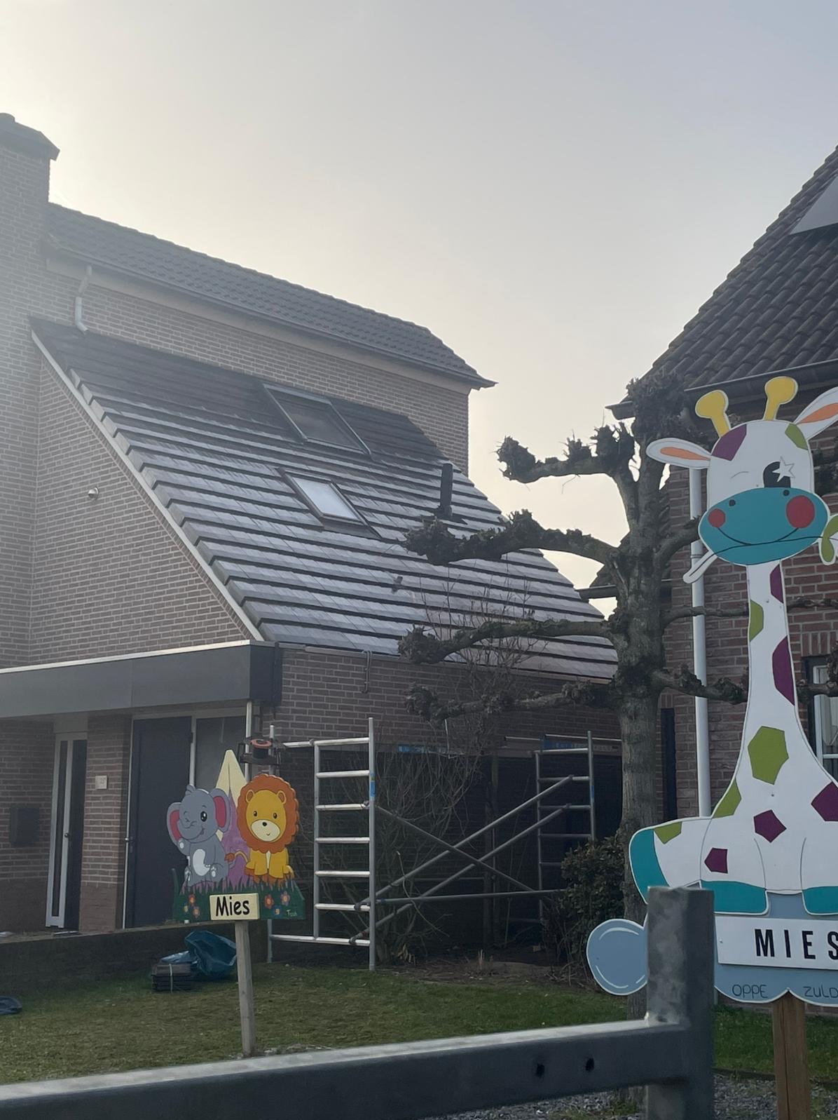 Dom z ciemną dachówką i oknami dachowymi, widoczne rusztowanie. Na pierwszym planie dekoracje dziecięce: żyrafa i tabliczka z imieniem.