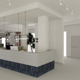 Kinga Juryś Projekty Wnętrz - Nowoczesne wnętrze biurowe z recepcją wykończoną płytkami w odcieniach granatu i szarości, oświetleniem punktowym i minimalistycznymi drzwiami.