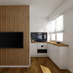 Wizualizacja nowoczesnej kuchni z białymi szafkami, drewnianym blatem i panelem dekoracyjnym z drewnianych listew oddzielającym przestrzeń salonową z telewizorem.