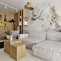 Wizualizacja salonu z białym narożnikiem, ścianą z motywem żurawi, drewnianymi elementami dekoracyjnymi, gitarami na ścianie i lampą wiszącą z naturalnego materiału.