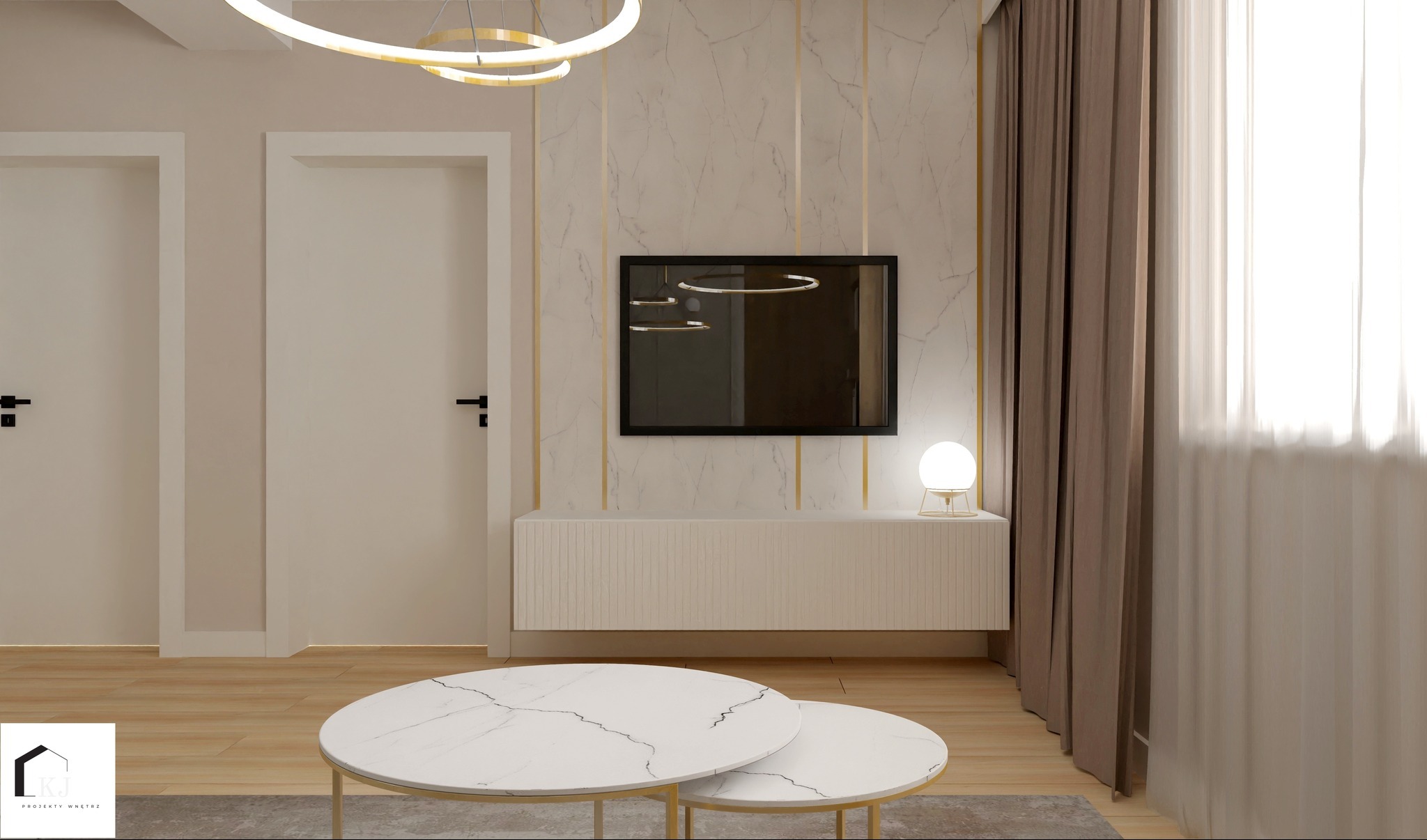 Nowoczesny salon z marmurową ścianą akcentową, podwieszanym telewizorem, stolikiem kawowym z białym marmurowym blatem i złotymi nogami oraz lampą kulą.