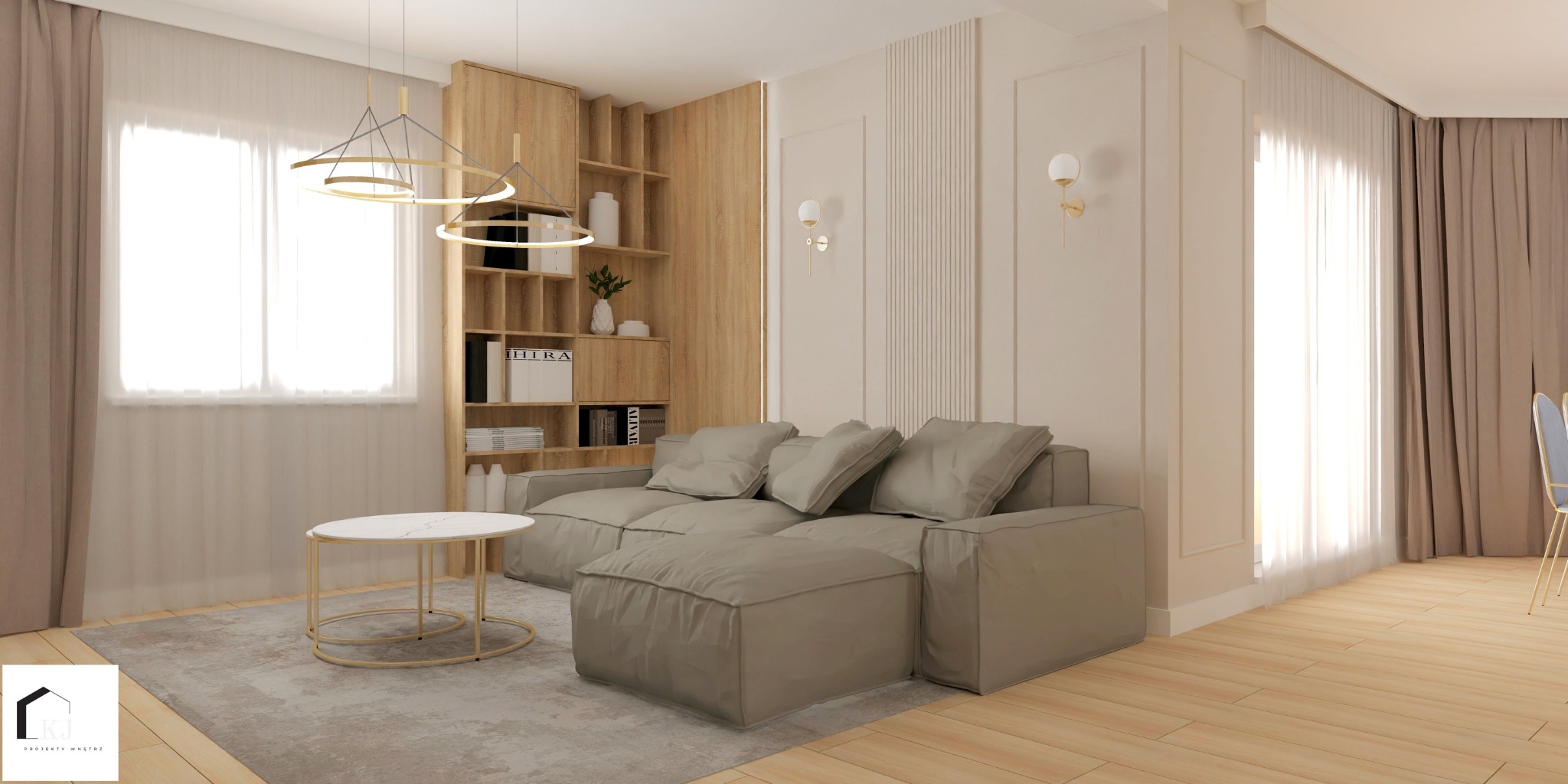 Nowoczesny salon z beżową sofą modułową, okrągłym stolikiem kawowym z marmurowym blatem i drewnianą biblioteczką w tle, oświetlony wiszącą lampą pierścieniową i kinkietami.