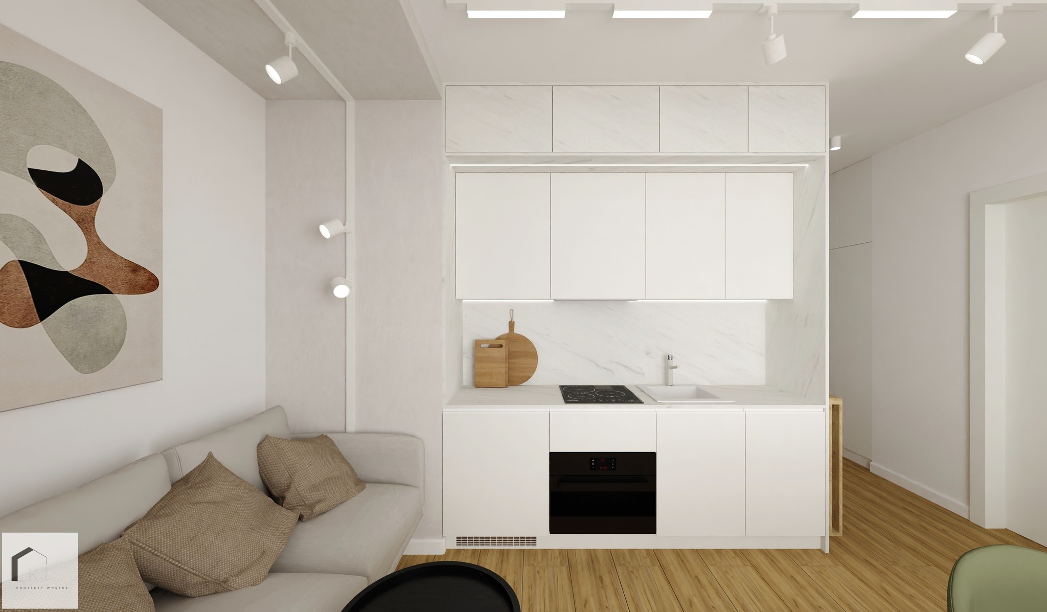 Wnętrze mieszkania z aneksem kuchennym w minimalistycznym stylu, z białymi szafkami, marmurowym blatem, drewnianą podłogą i abstrakcyjnym obrazem na ścianie. Na blacie kuchennym deski do krojenia...