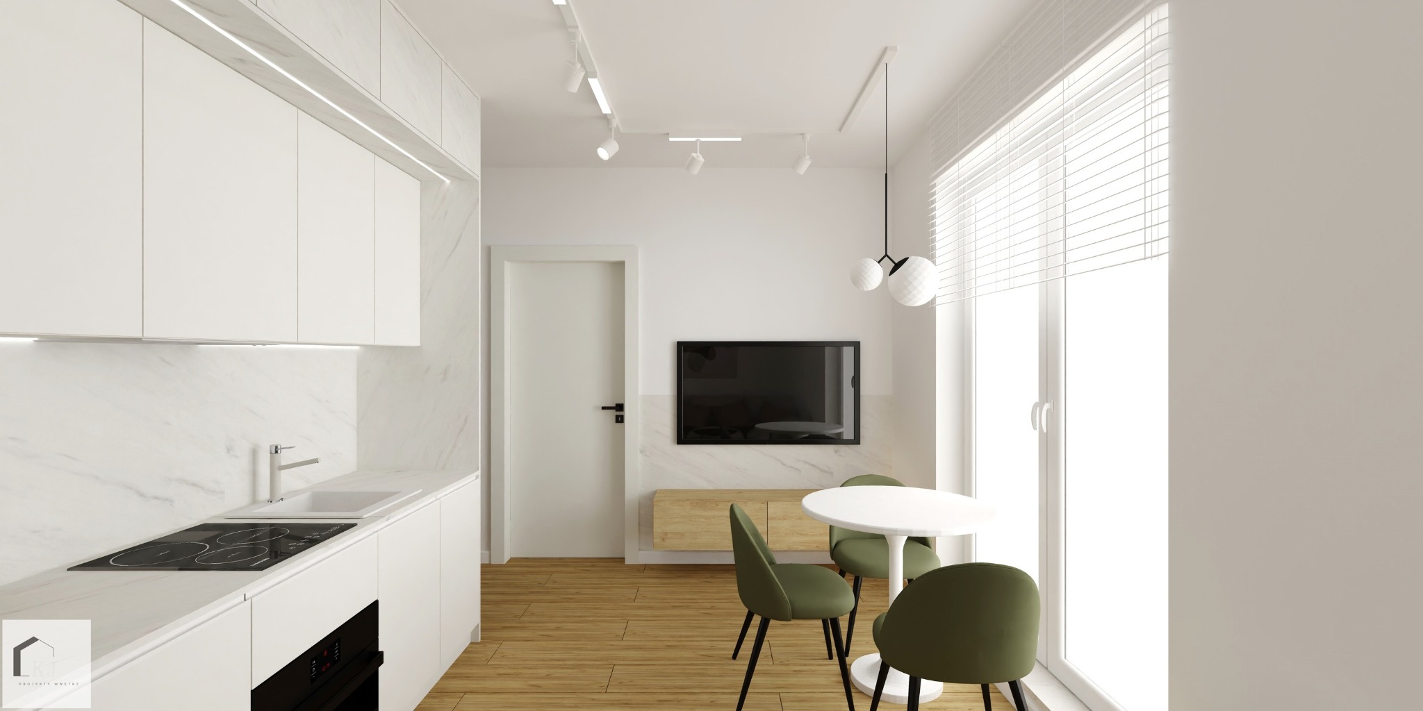 Wnętrze mieszkania: biała kuchnia z marmurowym backsplashiem, indukcyjna płyta grzewcza, biały okrągły stół z trzema zielonymi krzesłami, telewizor na ścianie, drewniana podłoga, oświetlenie...