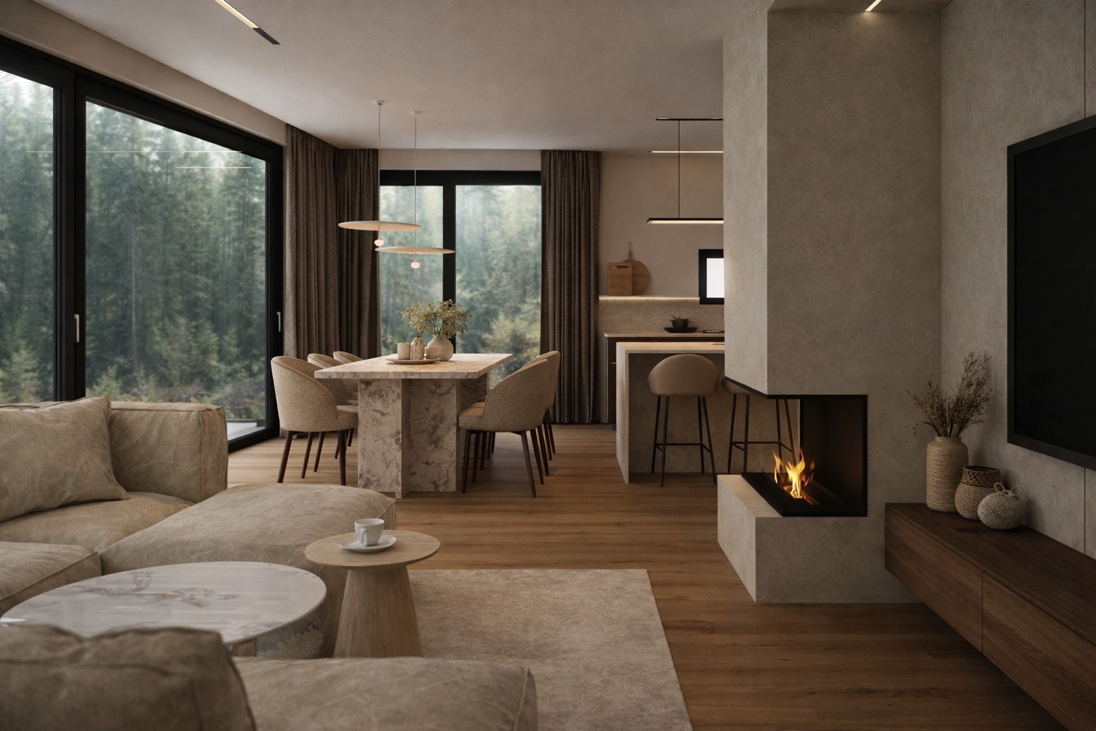 Jasne, przestronne wnętrze z marmurowym stołem jadalnym, beżową sofą i kominkiem. Duże okna z widokiem na las. Minimalistyczne oświetlenie i neutralna paleta barw.
