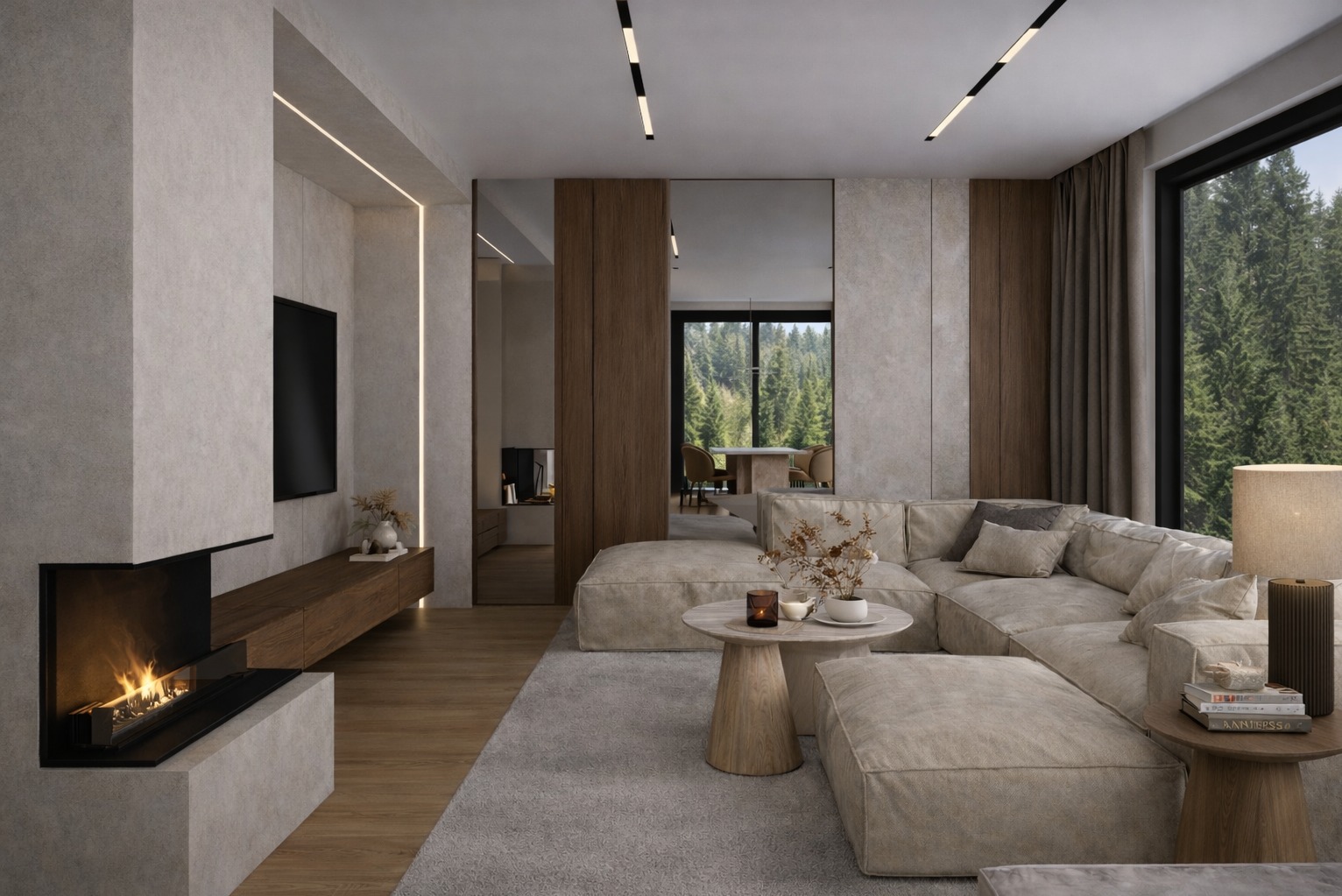 Nowoczesny salon z kominkiem i modułową sofą w odcieniach beżu. Duże okno z widokiem na las. Minimalistyczne oświetlenie i drewniane akcenty.