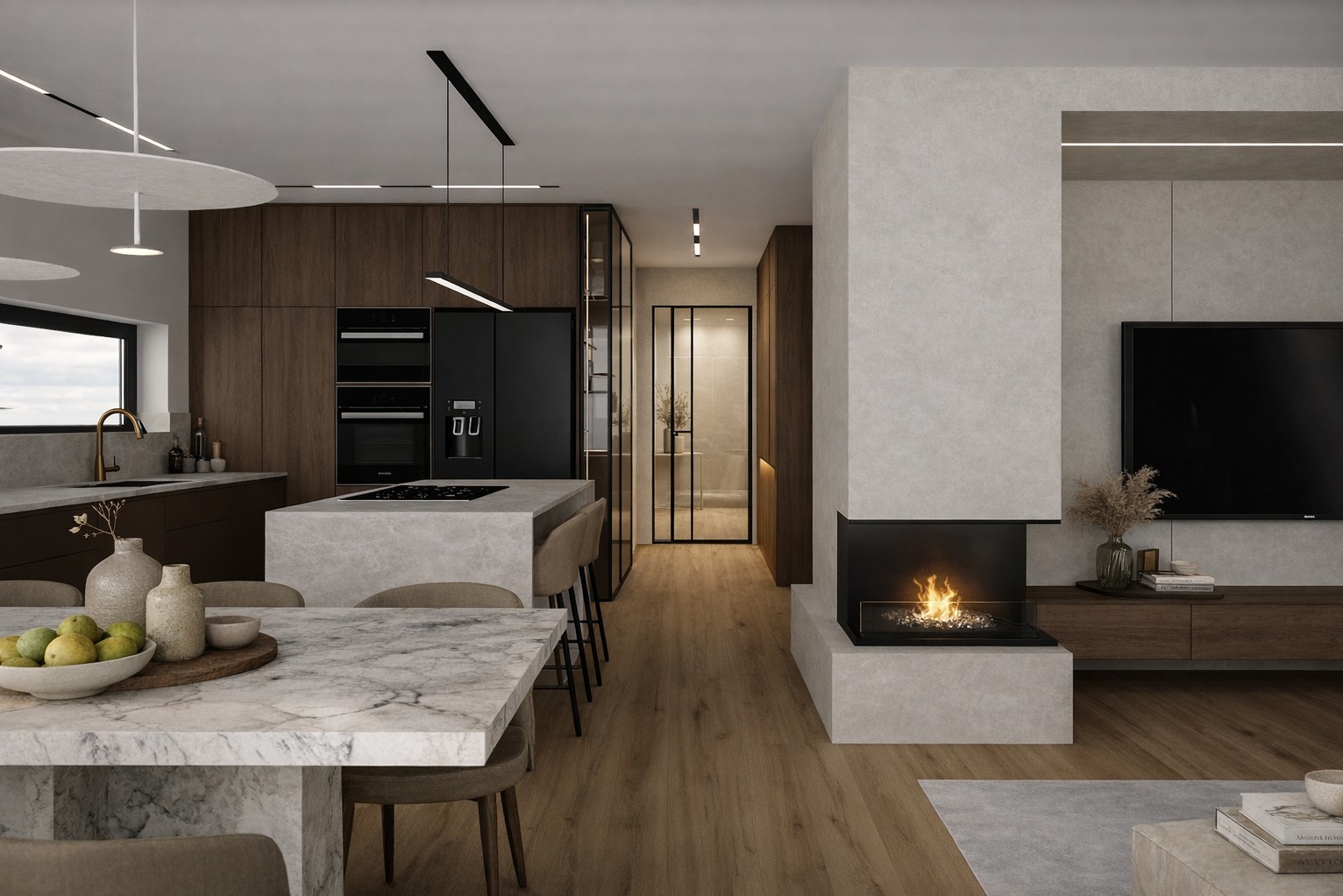 Nowoczesne wnętrze: kuchnia z wyspą i marmurowym stołem jadalnym, minimalistyczny kominek, drewniane podłogi i szafki, czarne akcenty oświetleniowe.