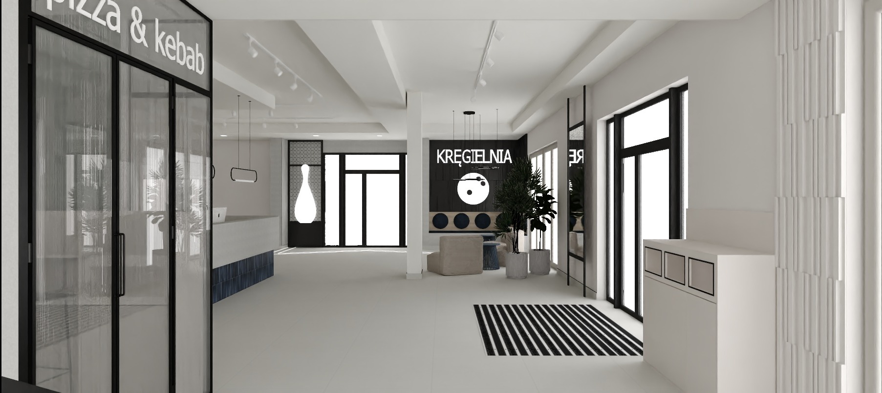 Wnętrze lokalu usługowego z recepcją, widok na strefę relaksu z roślinami i logo 'Kręgielnia'. Minimalistyczny design, dominująca biel, czarne akcenty, nowoczesne oświetlenie.