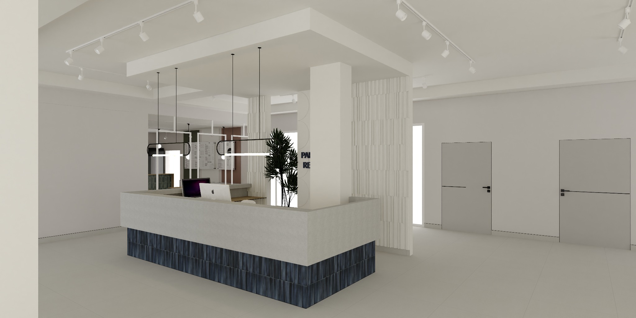Nowoczesne wnętrze biurowe z recepcją wykończoną płytkami w odcieniach granatu i szarości, oświetleniem punktowym i minimalistycznymi drzwiami.