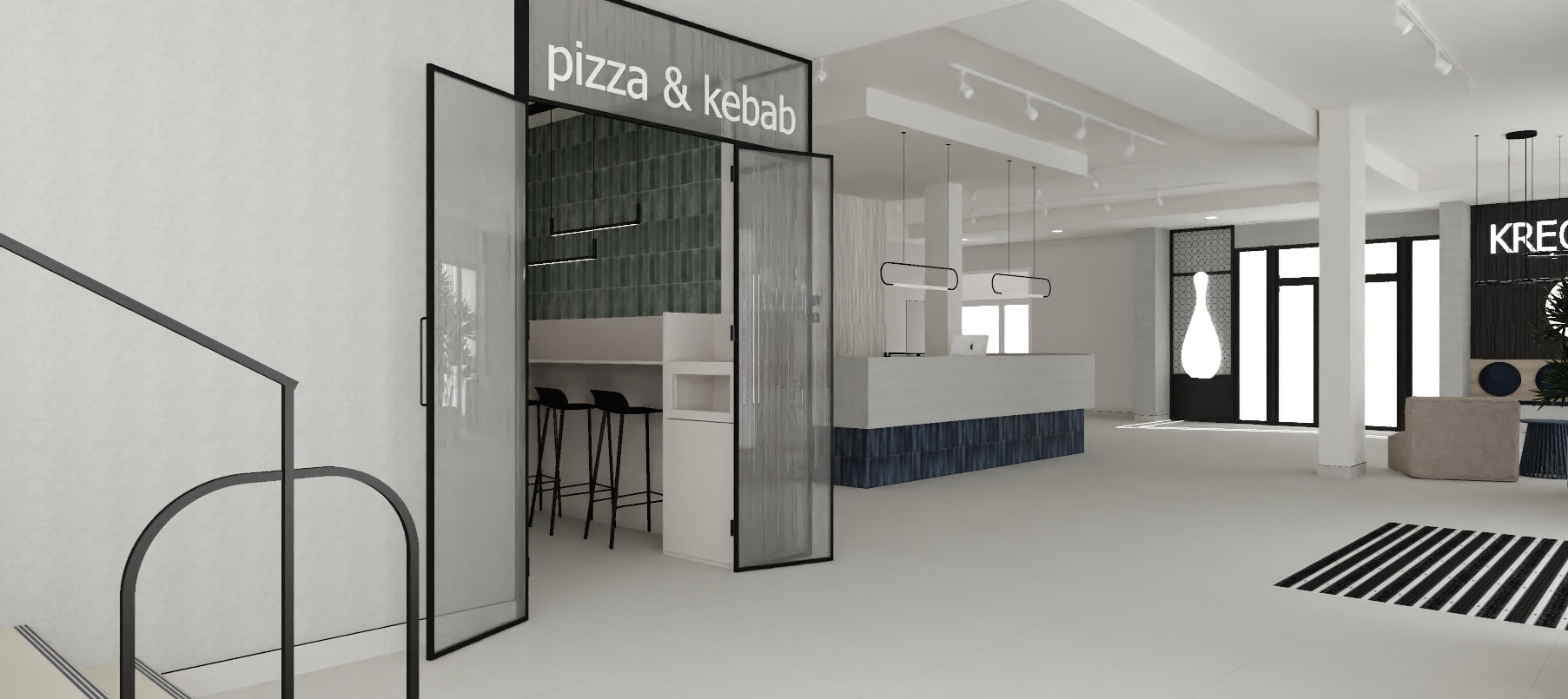 Wnętrze lokalu gastronomicznego z ladą, stolikami barowymi i dekoracyjnymi elementami. Widoczne logo 'pizza & kebab' nad wejściem. Minimalistyczny design z akcentami kolorystycznymi.