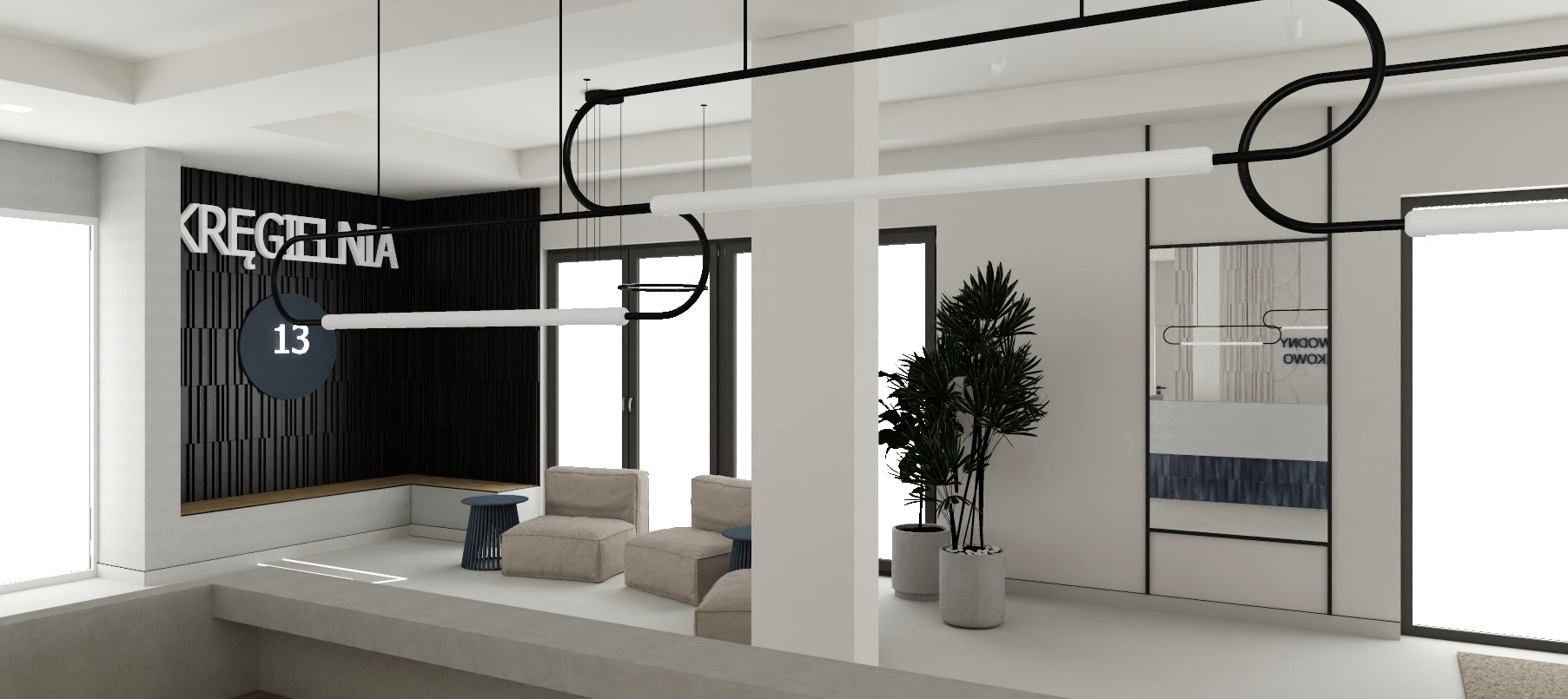 Wizualizacja wnętrza kręgielni w Słupsku. Nowoczesny design z czarnymi akcentami, minimalistyczne meble i rośliny doniczkowe. Oświetlenie liniowe i dekoracyjne.