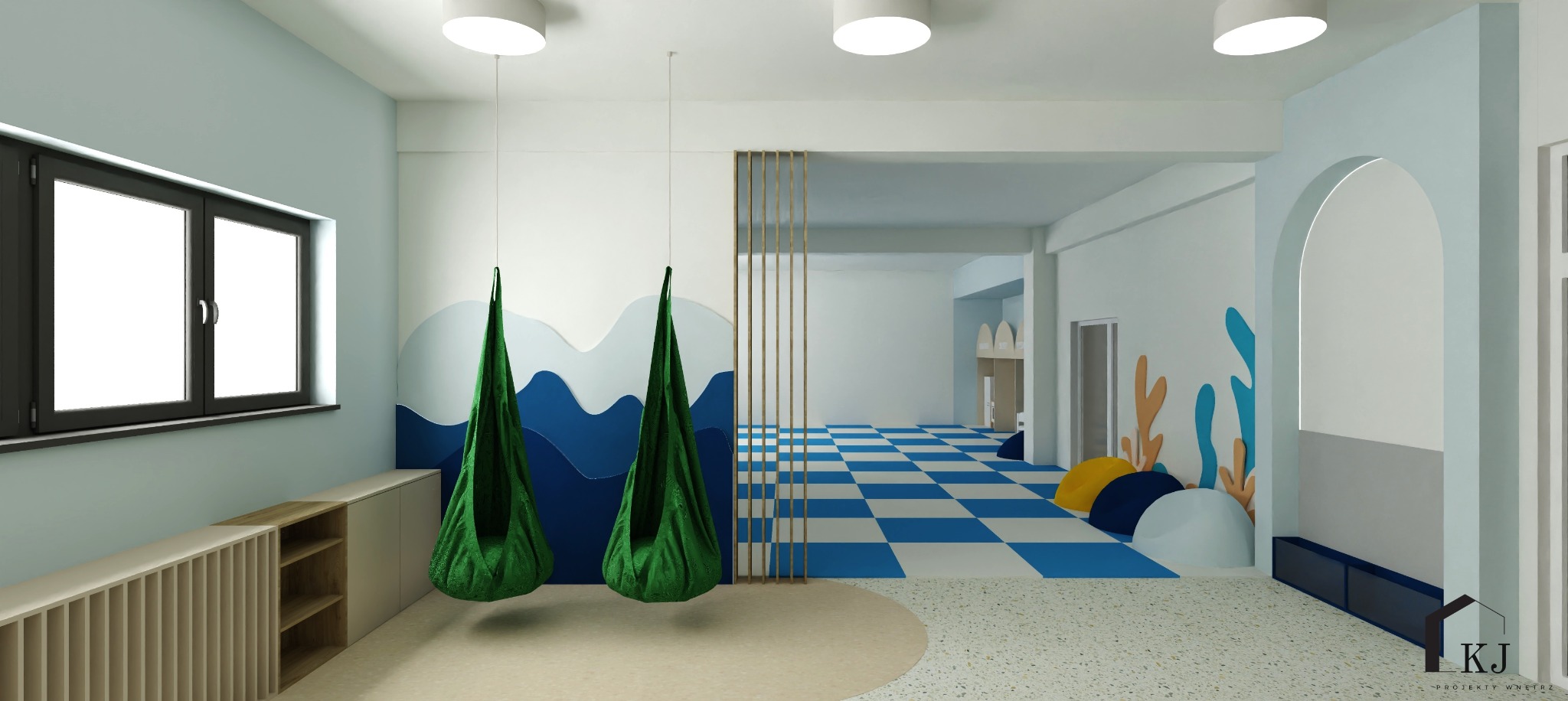 Wnętrze pokoju dziecięcego z huśtawkami hamakowymi, wzorzystą podłogą i dekoracjami ściennymi w kształcie morskich roślin. Widoczne meble i oświetlenie.