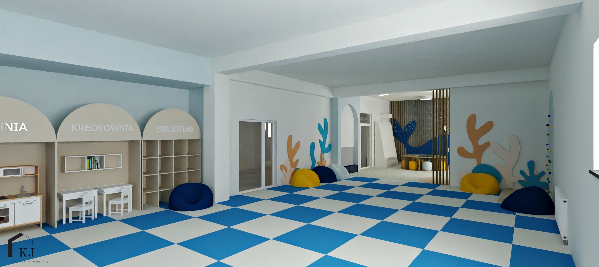 Wizualizacja pokoju dziecięcego w stylu morskim: niebiesko-biała szachownica na podłodze, regały z napisem 'Biblioteka', 'Kredkownia', 'Kuchnia', dekoracje ścienne.
