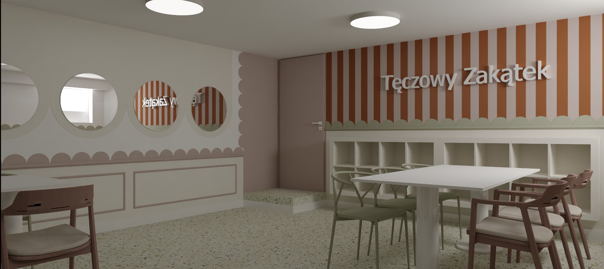 Wnętrze sali zabaw dla dzieci z kolorowymi ścianami, okrągłymi lustrami i meblami w pastelowych odcieniach. Widoczne stoliki i krzesła. Całość utrzymana w radosnej stylistyce.