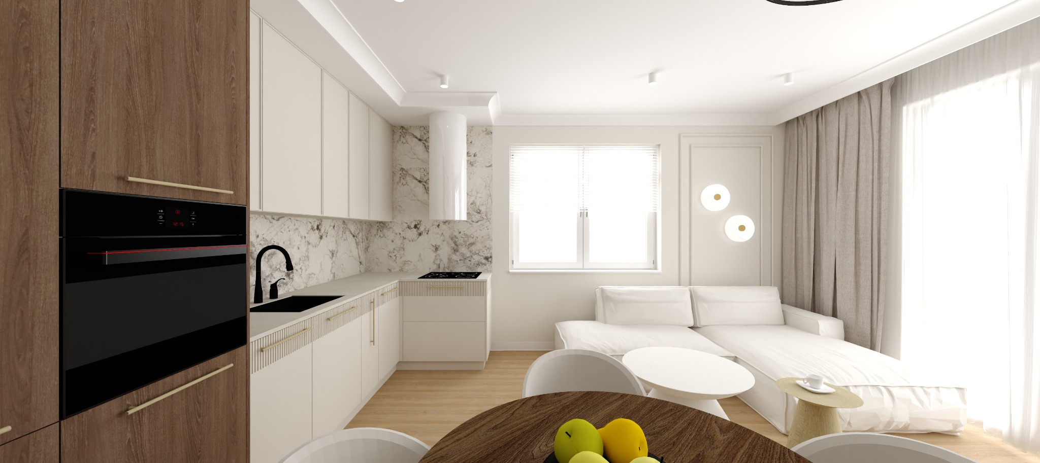 Jasna kuchnia z marmurowym backsplashiem i drewnianymi akcentami. Widoczny fragment salonu z białą sofą i okrągłym stolikiem. Nowoczesny design, ciepłe oświetlenie.