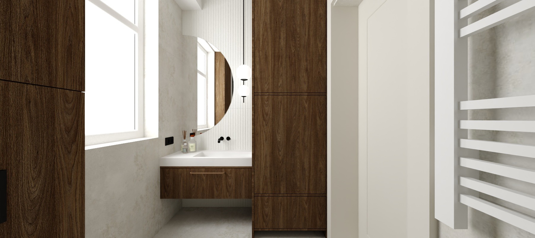 Nowoczesna łazienka z drewnianą szafką pod umywalką, okrągłym lustrem i grzejnikiem drabinkowym. Minimalistyczny design, ciepłe oświetlenie, eleganckie wykończenie.