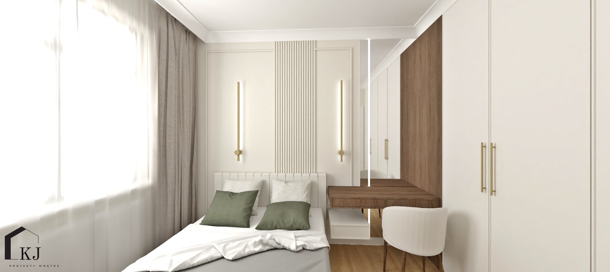 Nowoczesna sypialnia z łóżkiem, toaletką i szafą w zabudowie. Minimalistyczny design z akcentami drewna i oświetleniem LED. Jasne kolory i naturalne światło.