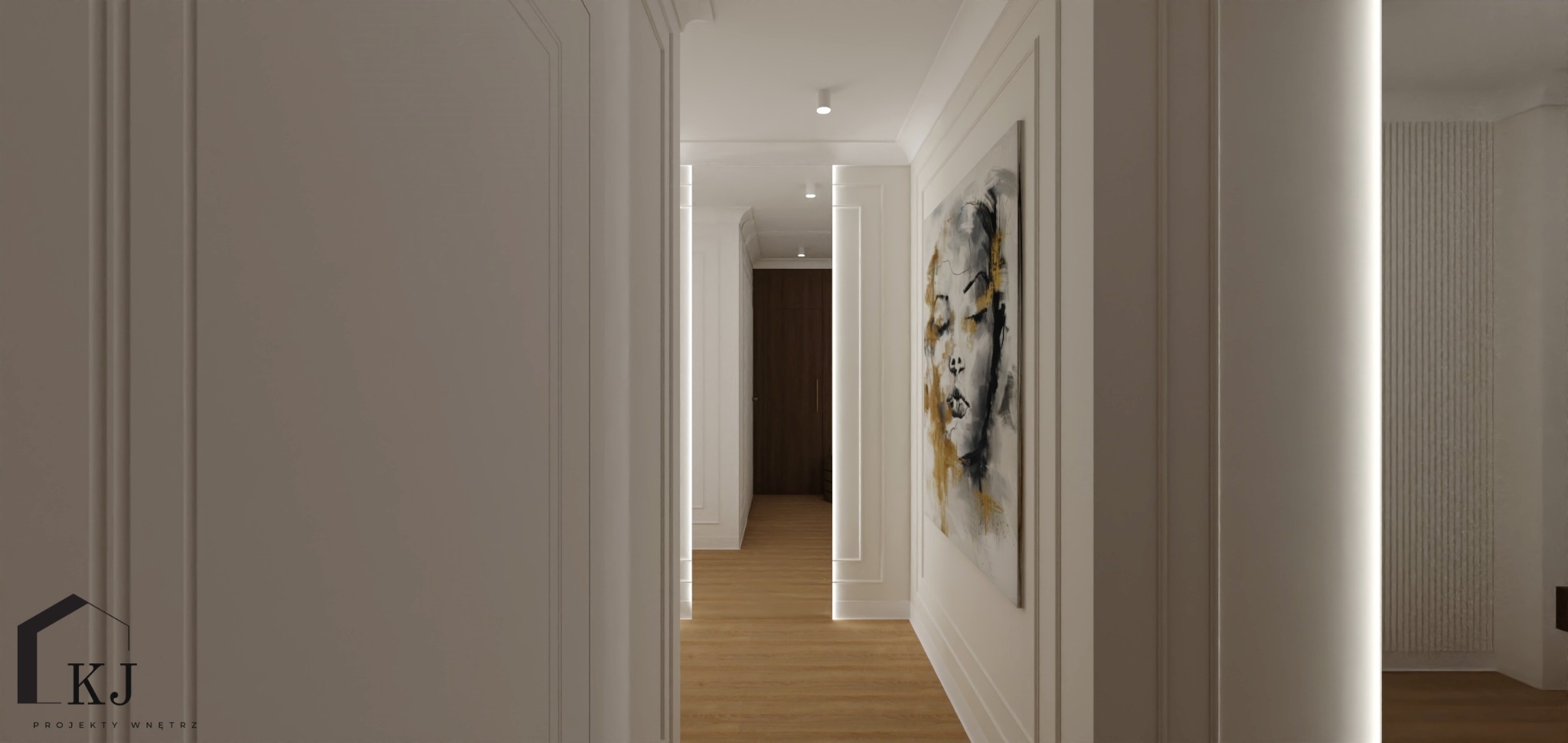 Nowoczesny korytarz z białymi ścianami zdobionymi sztukaterią, drewnianą podłogą i obrazem na ścianie. Widok w głąb, oświetlenie punktowe.