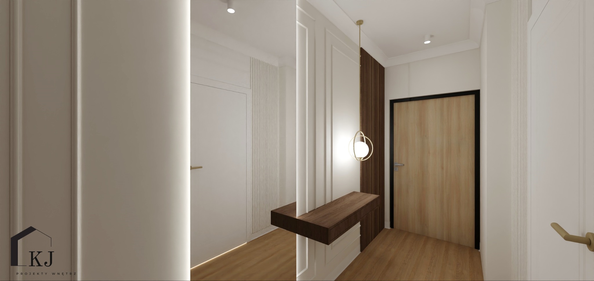 Nowoczesny przedpokój z drewnianą konsolą i okrągłą lampą. Białe ściany z dekoracyjnymi panelami i ukrytym oświetleniem. Minimalistyczny design.