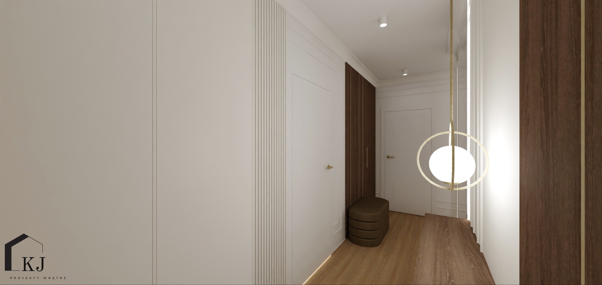 Nowoczesny przedpokój z drewnianą szafą w zabudowie, pufą i okrągłą lampą. Białe ściany z subtelnymi pionowymi zdobieniami. Minimalistyczny design.