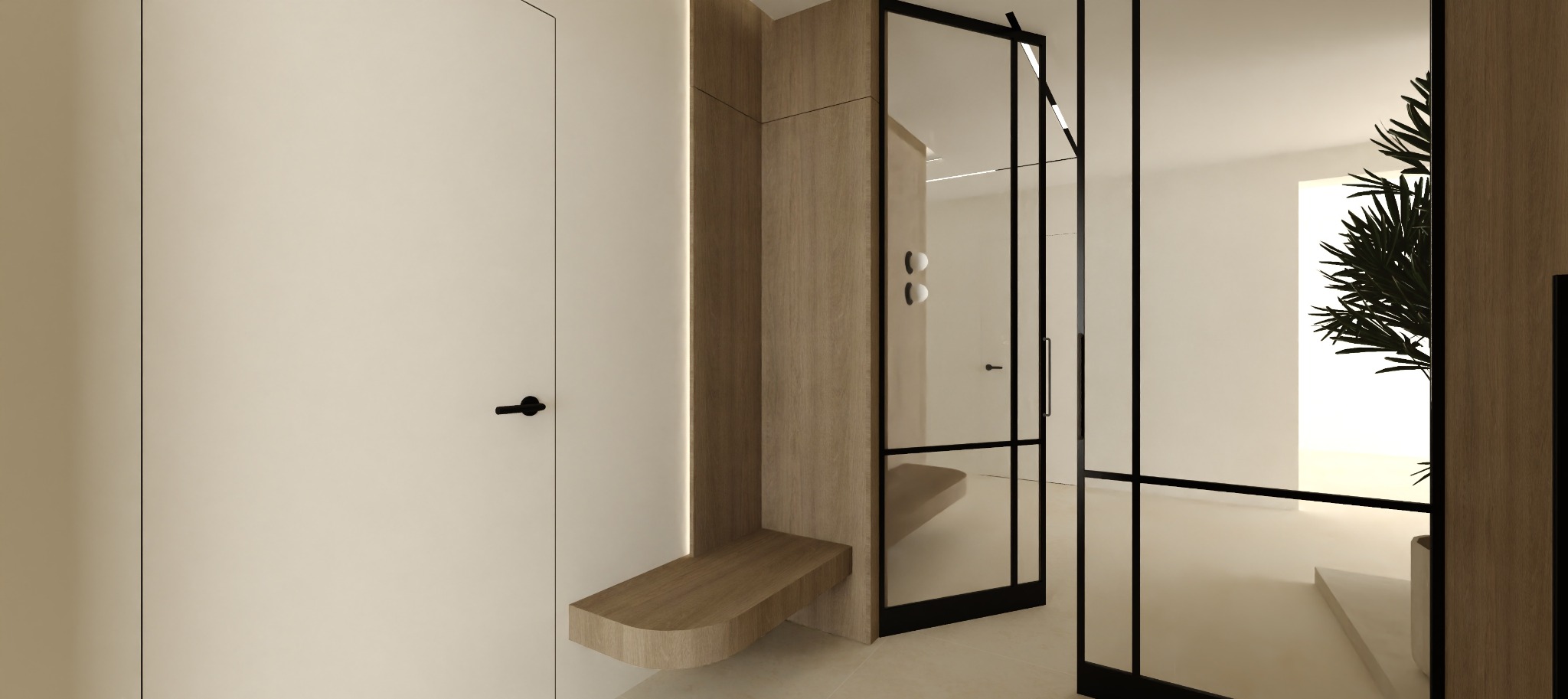 Minimalistyczny przedpokój z drewnianą zabudową, siedziskiem i lustrem w czarnej ramie. Jasne ściany i podłoga, roślina w tle. Nowoczesny design.