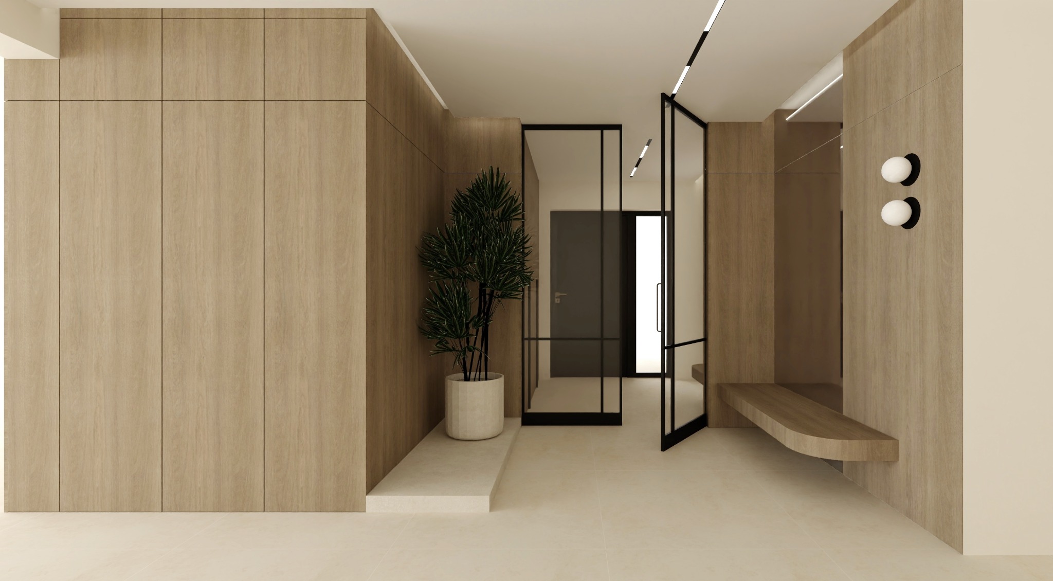 Nowoczesny przedpokój z drewnianą zabudową, rośliną w donicy i szklanymi drzwiami. Minimalistyczne oświetlenie punktowe i ławka wkomponowana w ścianę.