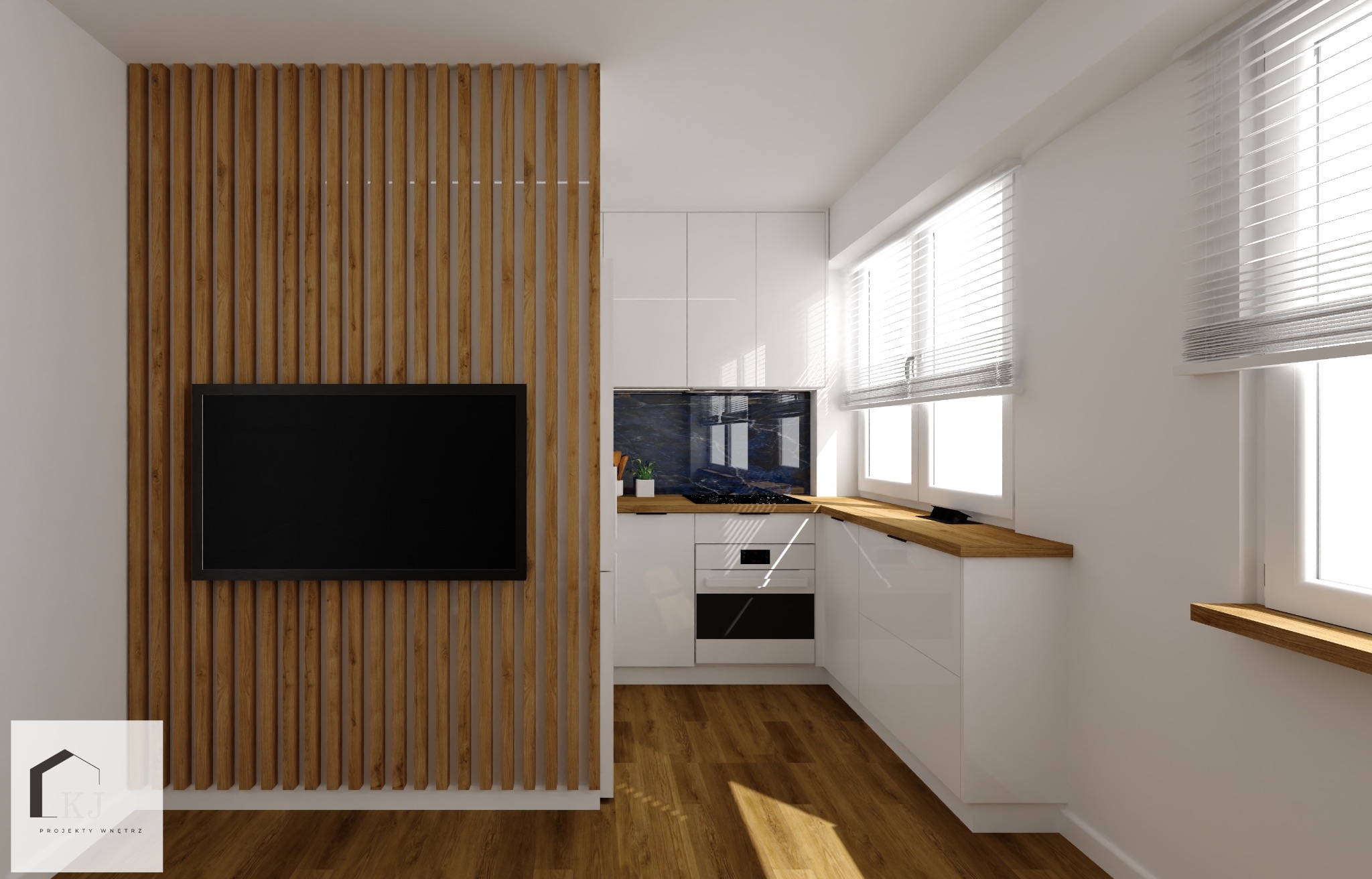 Wizualizacja nowoczesnej kuchni z białymi szafkami, drewnianym blatem i panelem dekoracyjnym z drewnianych listew oddzielającym przestrzeń salonową z telewizorem.