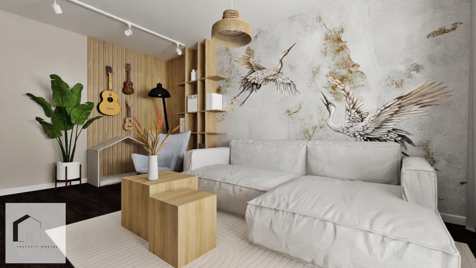 Wizualizacja salonu z białym narożnikiem, ścianą z motywem żurawi, drewnianymi elementami dekoracyjnymi, gitarami na ścianie i lampą wiszącą z naturalnego materiału.