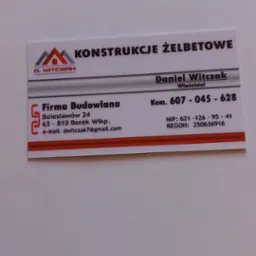 Wizytówka firmy budowlanej specjalizującej się w konstrukcjach żelbetowych, z danymi kontaktowymi i logo.