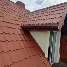 Czerwony dach z blachy trapezowej, widoczny komin i rynna, na tle pochmurnego nieba. Dach z widocznymi śladami po deszczu.