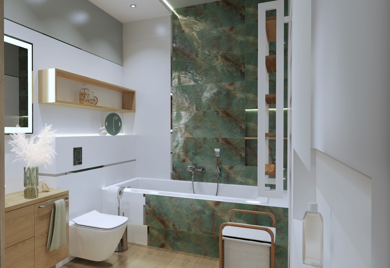 Nowoczesna łazienka z zielonymi płytkami imitującymi kamień, białą armaturą i drewnianymi akcentami, oświetleniem LED oraz dekoracyjnymi elementami na półkach.