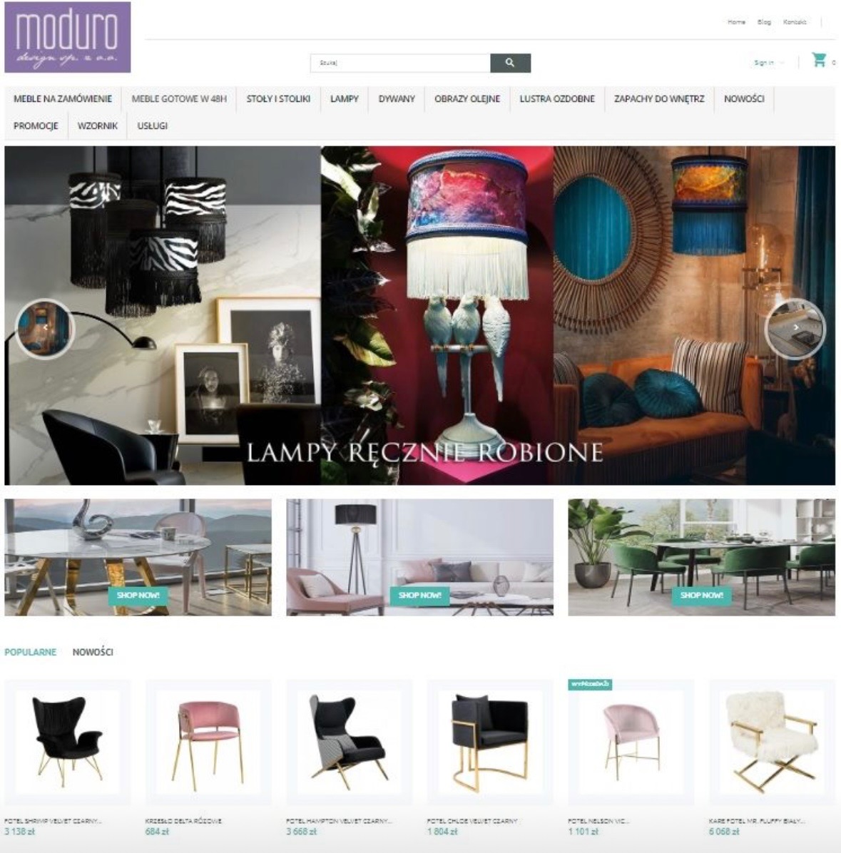 Strona internetowa firmy z Łodzi prezentująca meble i lampy w różnych stylach, w tym lampy z frędzlami i wzorami zwierzęcymi, ręcznie robione lampy z motywem ptaków, a także aranżacje wnętrz...