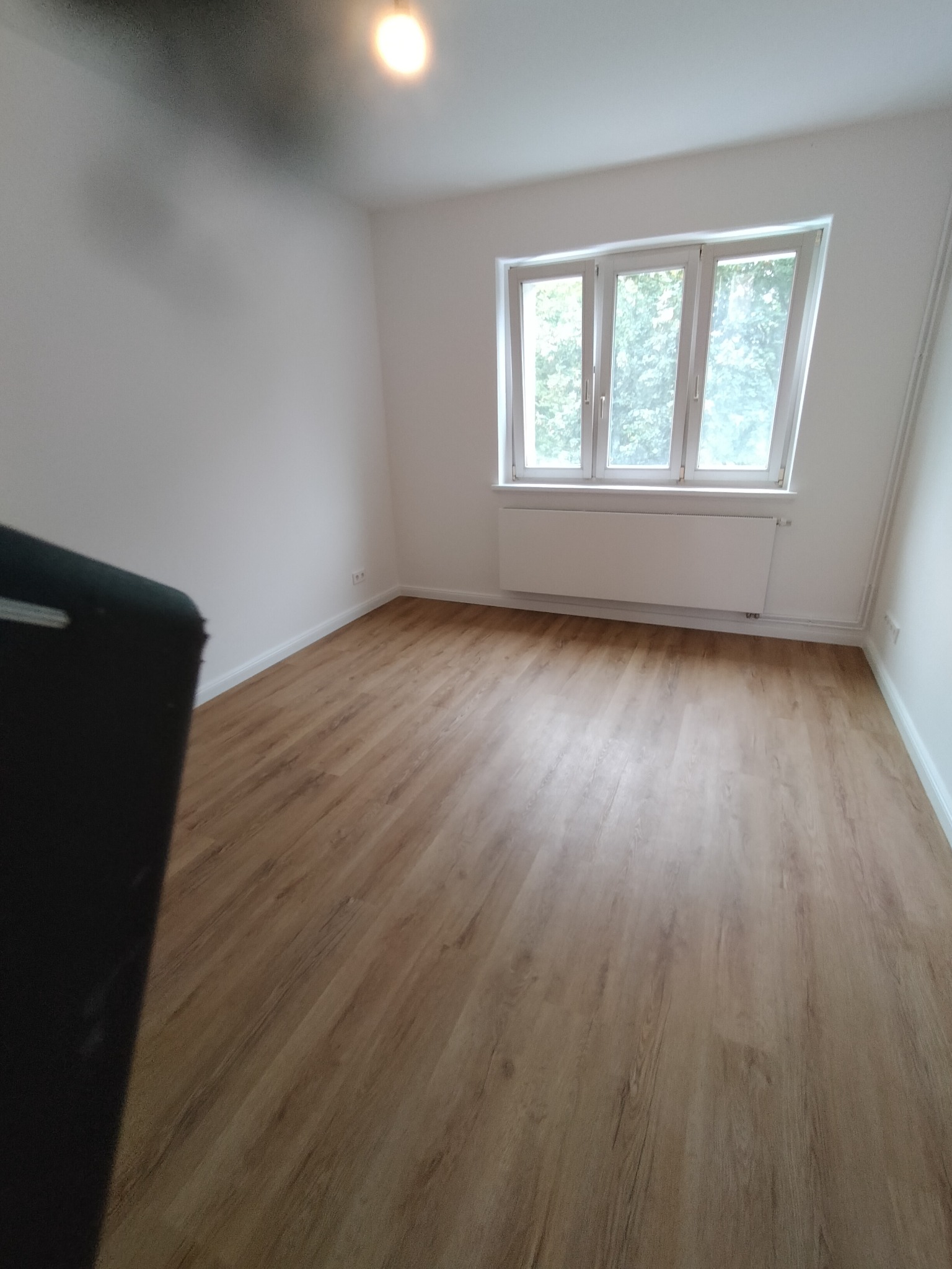 Puste pomieszczenie z panelami podłogowymi w odcieniach brązu, białymi ścianami i oknem z widokiem na zieleń. Świeże, wykończone wnętrze z grzejnikiem pod oknem i widocznymi gniazdkami elektrycznymi.