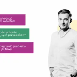 Portret uśmiechniętego mężczyzny w białej koszuli na tle grafiki z hasłami o odchudzaniu i problemach żołądkowo-jelitowych.