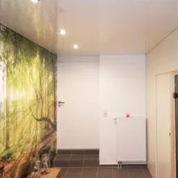 Sufit podwieszany z płyty karton gips z oświetleniem punktowym, ściana z fototapetą leśną, białe drzwi i grzejnik.