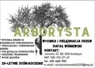 Ogłoszenie firmy 'Arborysta Rafał Wiśniewski' oferującej wycinkę i pielęgnację drzew, z sylwetką wspinającego się arborysty, informacjami kontaktowymi i logo w formie drzewa.